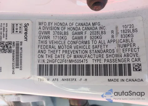 2021 Honda Civic Lx z USA, uszkodzony, nr VIN 2HGFC2F61MH505475